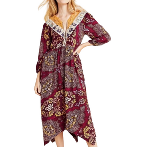 Anthropologie Maeve NWT Plum Embroidered Midi Crochet Boho Neckline Dress Size S